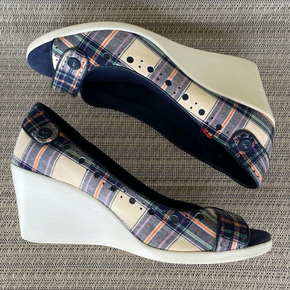 BC Footwear Plaid Fabric Peep-toe Wedges Navy Blue Size 9 - Picture 8 of 13
